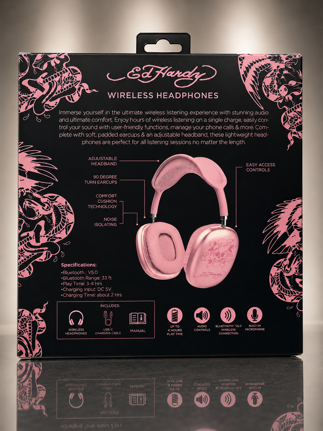 Ed Hardy Bluetooth V5.0 Wireless Headphones (PINK)