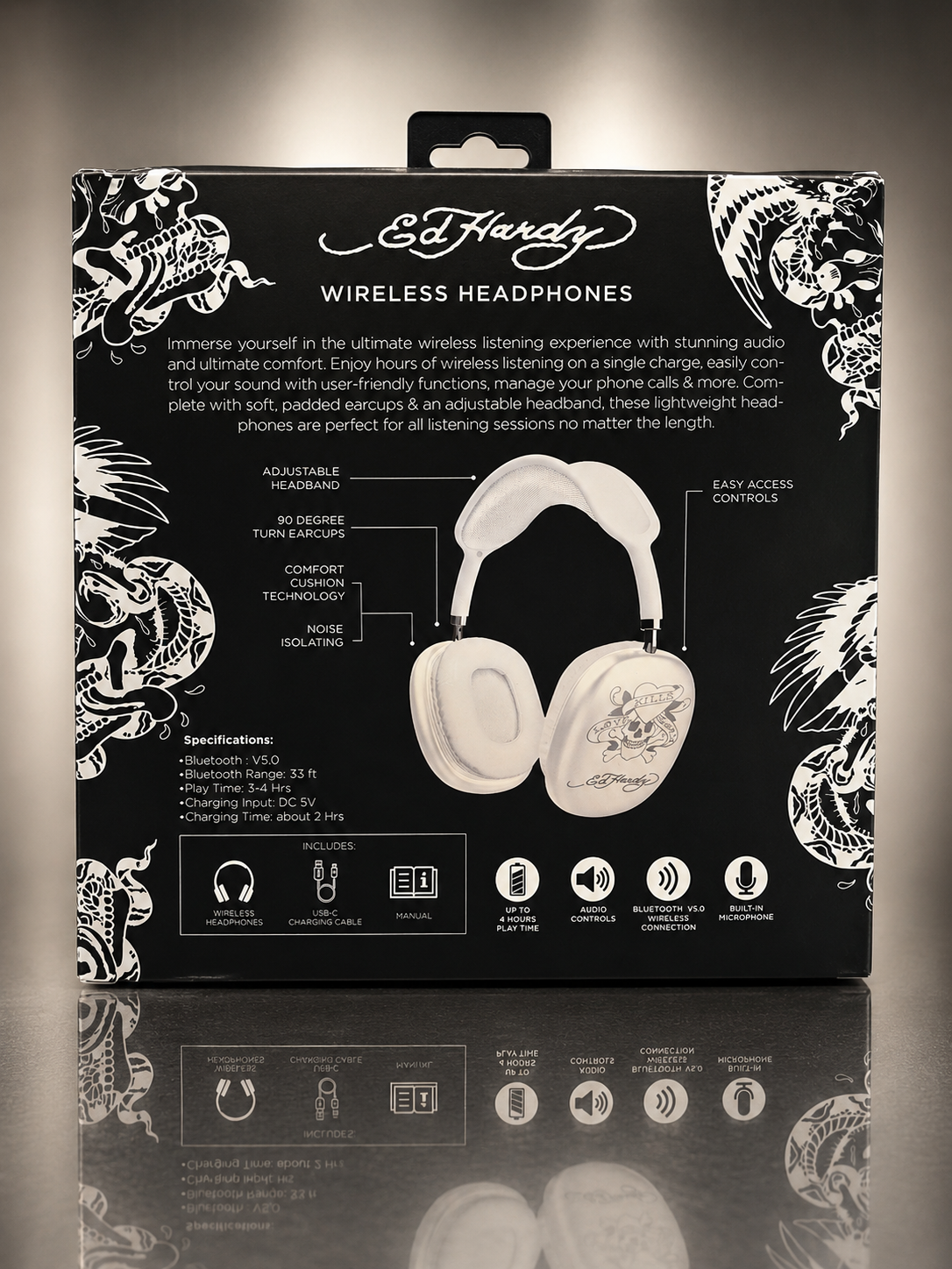 Ed Hardy Bluetooth V5.0 Wireless Headphones (WHITE)